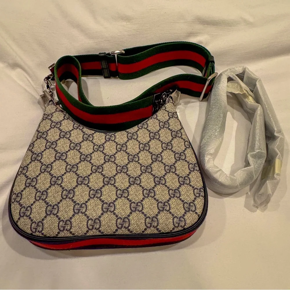 Brand New Gucci Attaché Small Shoulder Bag in Beige/Blue Supreme - Picture 1 of 5
